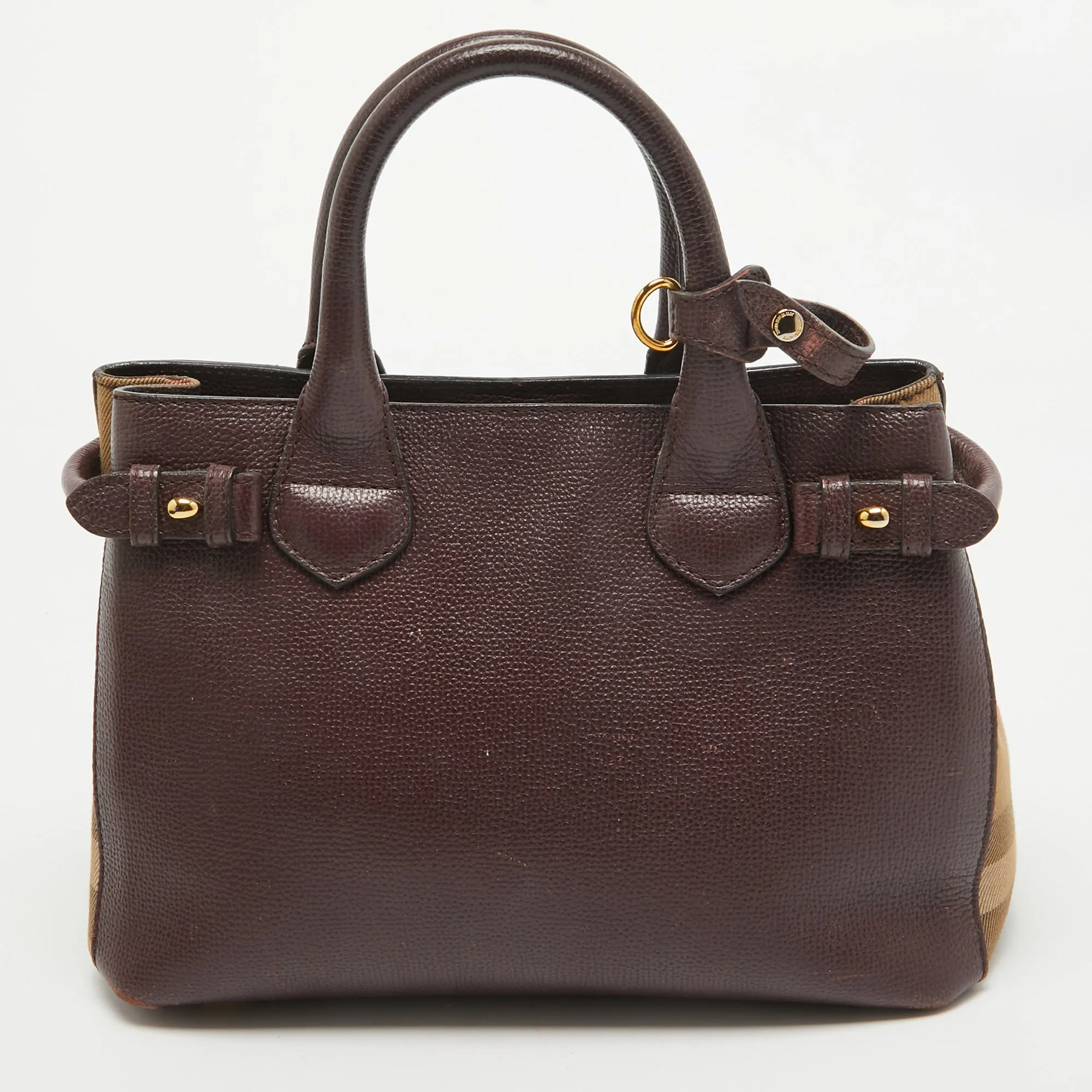 BURBERRY Burgundy Leather and House Check Fabric Small Banner Tote
