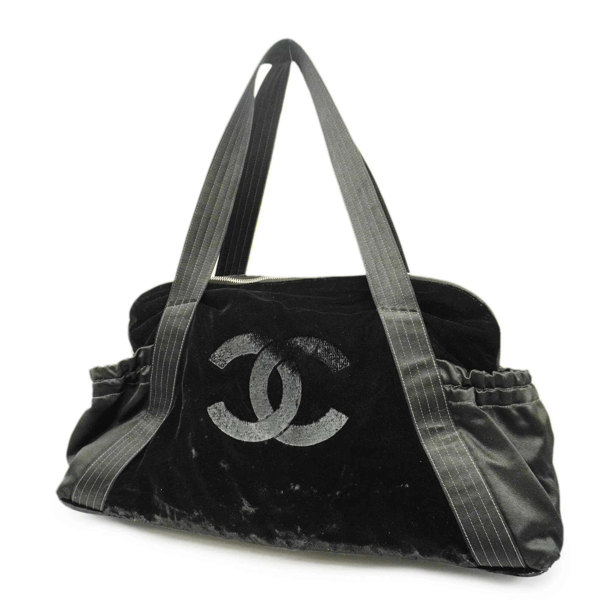 CHANEL  Boston Bag Men,Women,Unisex Satin,Leather Boston Bag Black