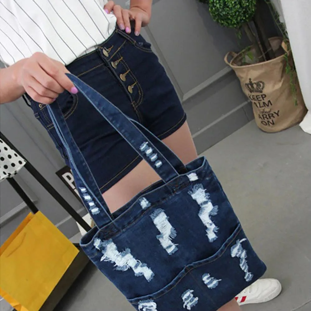 Large Capacity Soft Ripped Denim Tote Bag