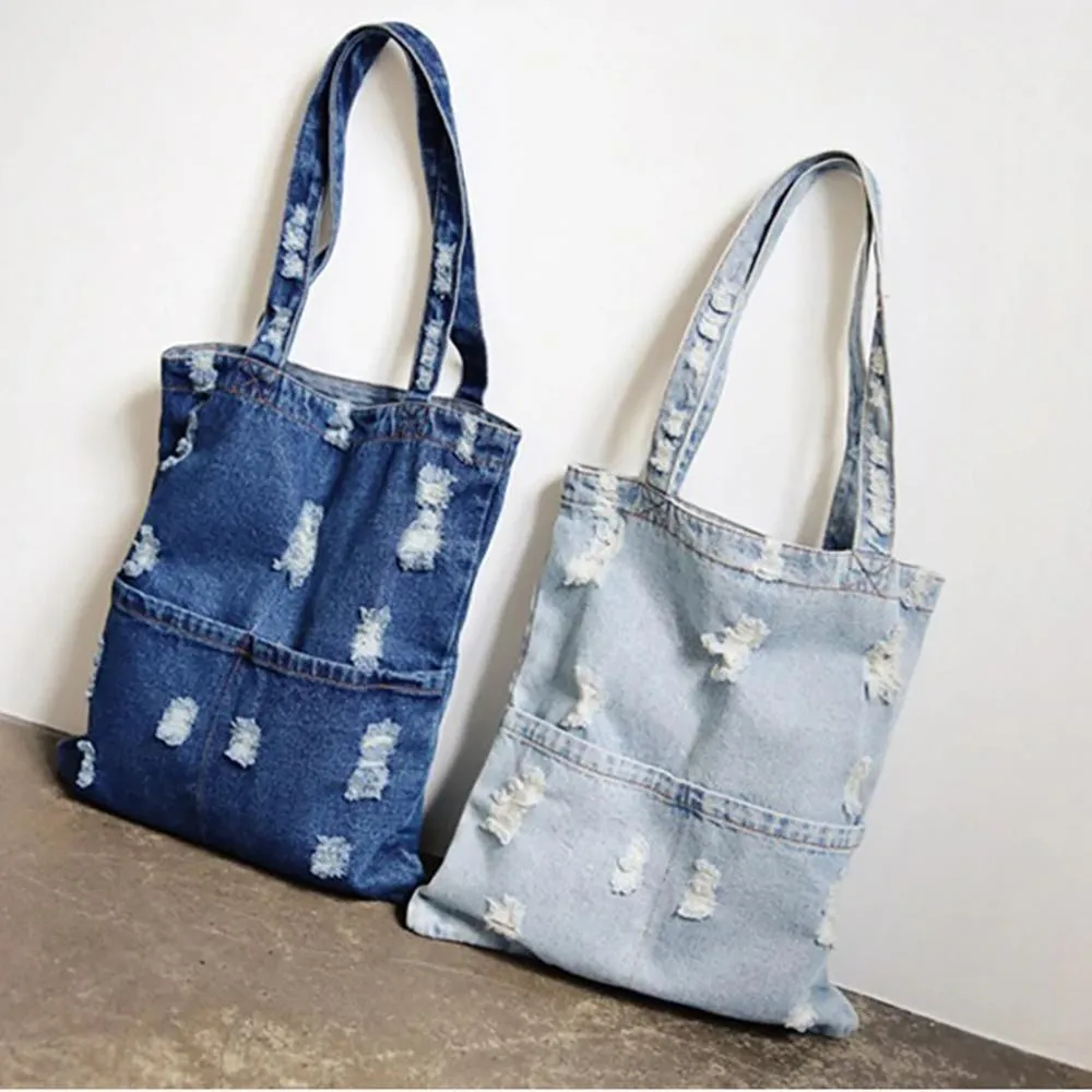 Large Capacity Soft Ripped Denim Tote Bag