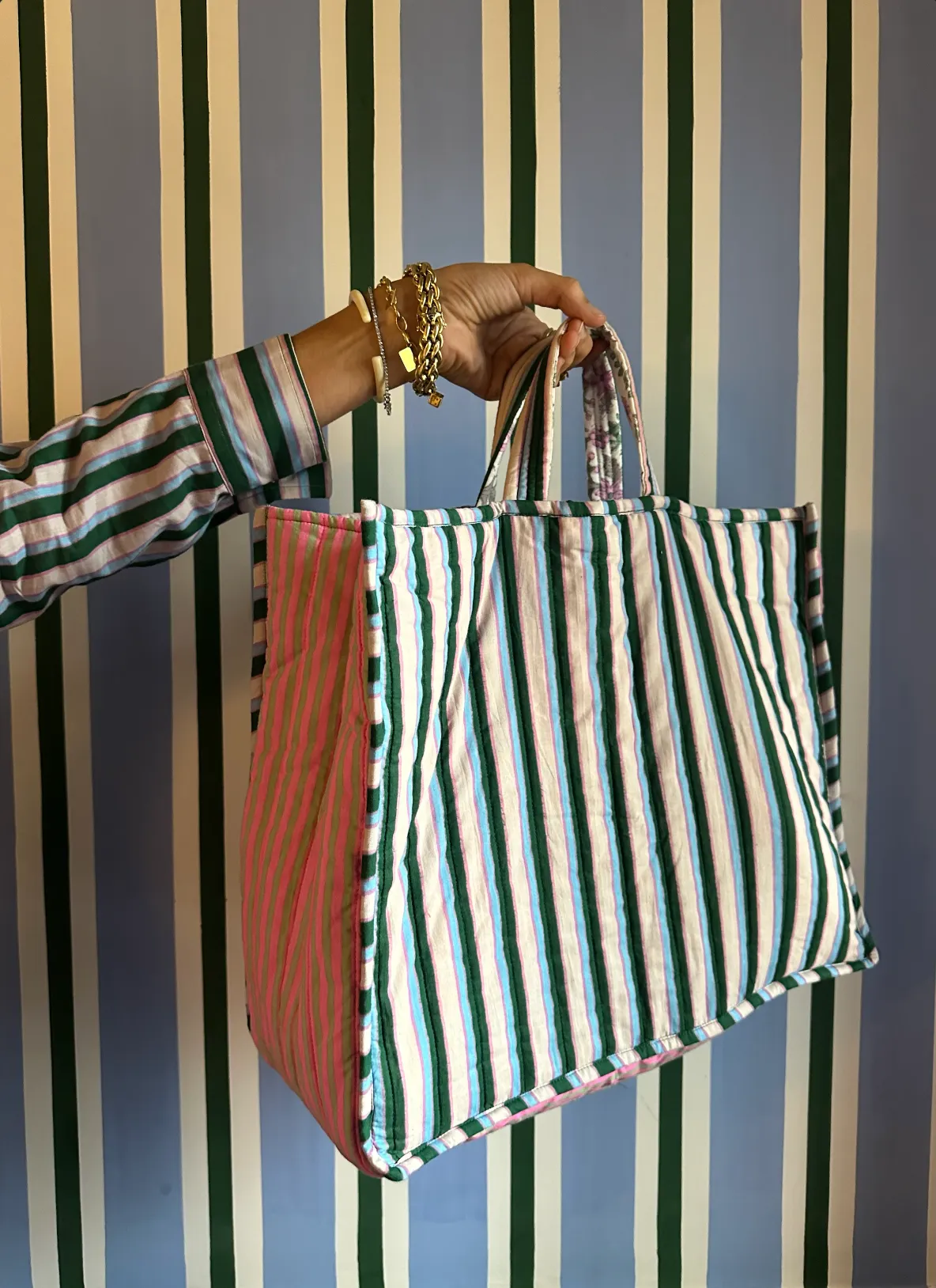 Striped Quilted Tote Bag (Green & Pink)