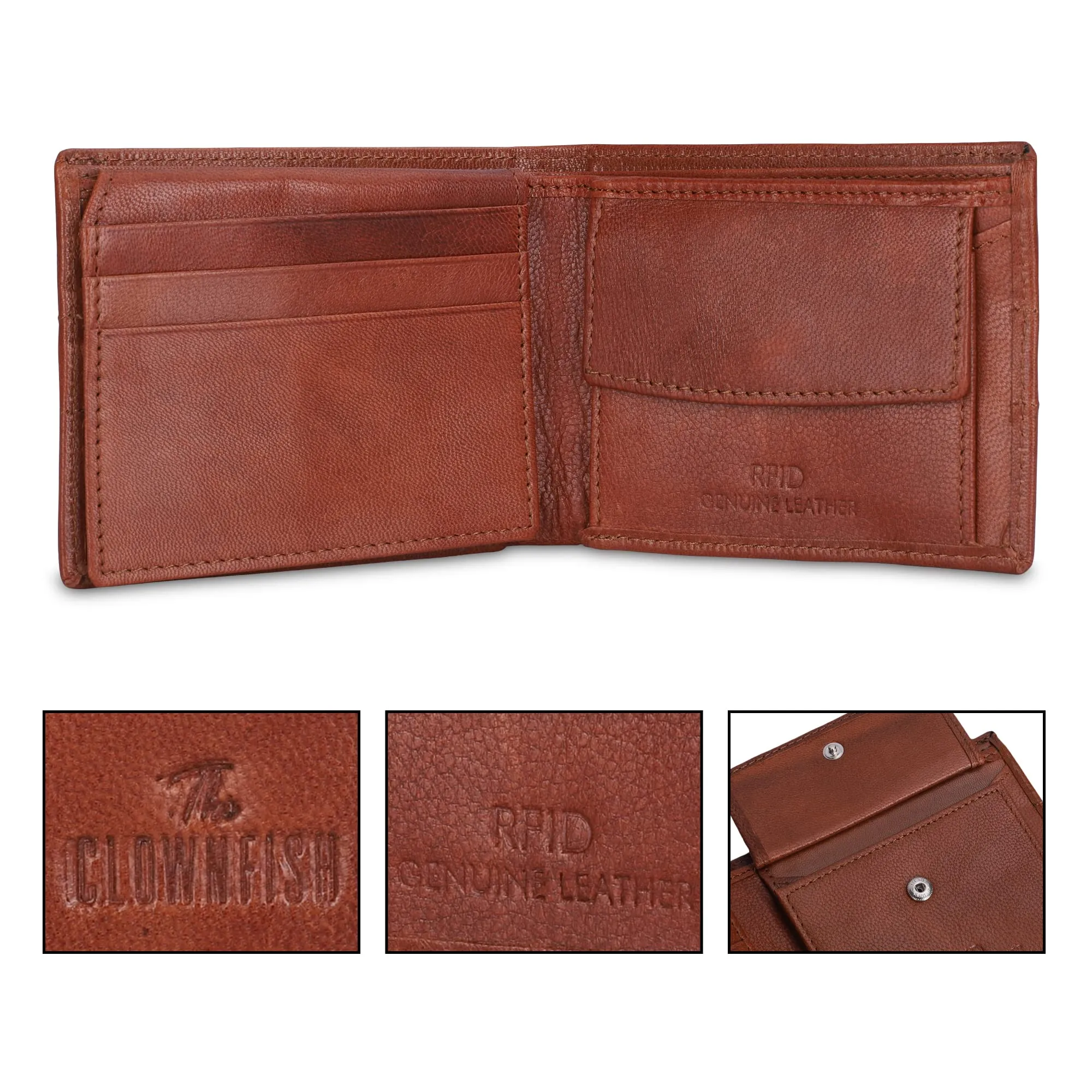THE CLOWNFISH RFID Protected Genuine Leather Bi-Fold Wallet for Men with Multiple Card Slots, Coin Pocket & Transparent ID window (Tan)